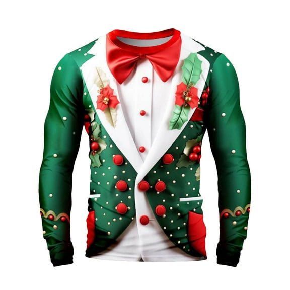 YAYUBA Tuxedo T Shirts for Men Funny Christmas Shirts Long Sleeve Printed Tux with Bow Suit Tshirt Novelty Party Top