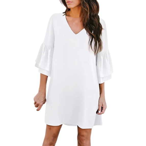 YAYUBA Vacation Outfits for Women Fashion Loose Casual Solid Color V Neck Five Quarter Sleeve Flared Sleeve Dress Resort Wear for Women