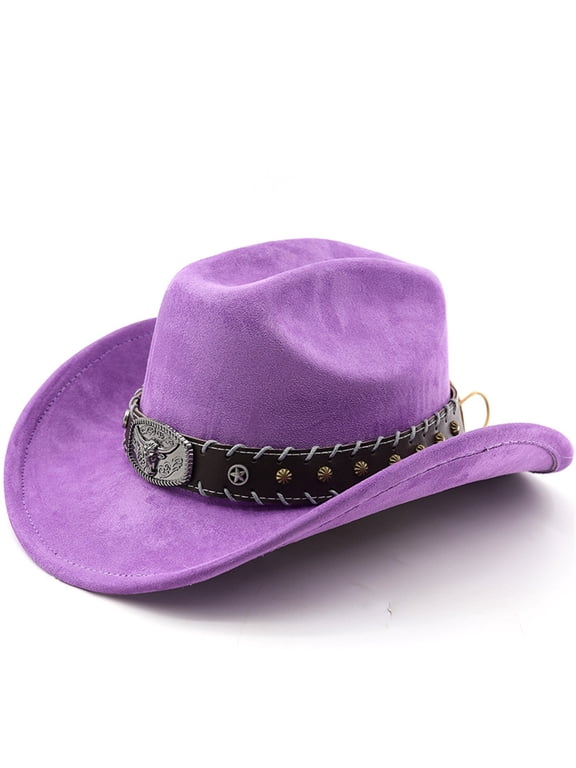 Western Cowboy Hat for Men and Women - Elegant Suede Panama Hat Adjustable Soft Cowgirl Hat for Outdoor Activities with Wide Edge,Purple