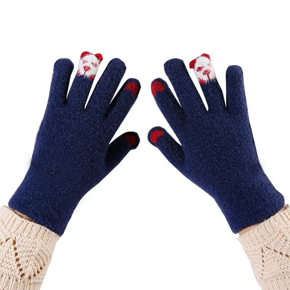 YAYUBA White Gloves,Cute Panda Winter Knitted Touchscreen Gloves Five Finger Thermal Mittens Windproof Cold Weather for Outdoor Activities,Navy