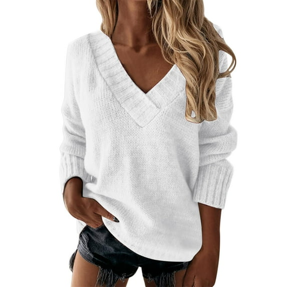 YAYUBA White Loose Sweaters V Neck Long Sleeve Solid Knitted Jumper Pullover Sweatshirt Tops Size L