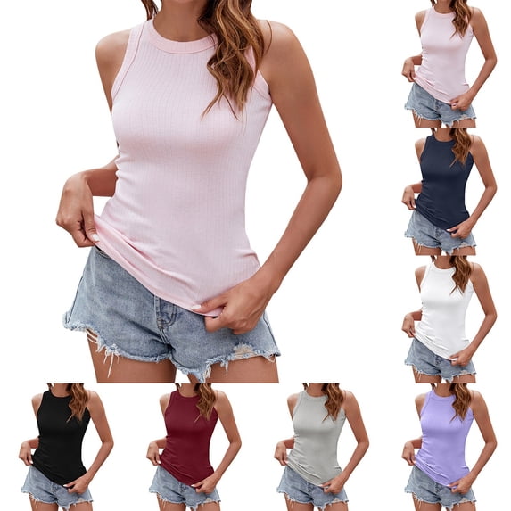 YAYUBA White Tank Top for Women Women's Ribbed Tank Top Casual Sleeveless Vacation Outfit With Round Neck Summer Going Out Clothes Outfits 2026