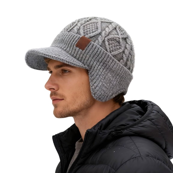 YAYUBA Winter Beanie with Brim and Ear Flaps, Outdoor Warm Fleece Lined Knit Hat Stocking Caps for Men Women
