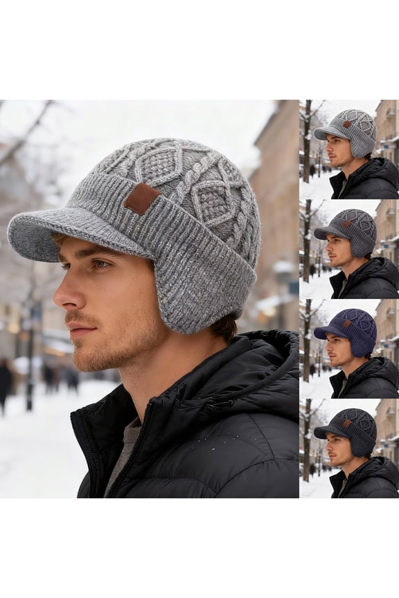 Winter Beanie with Brim and Ear Flaps, Outdoor Warm Lined Knit Hat Stocking Caps for Men Women