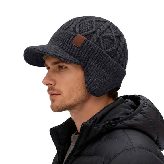 YAYUBA Winter Beanie with Brim and Ear Flaps, Outdoor Warm Lined Knit Hat Stocking Caps for Men Women