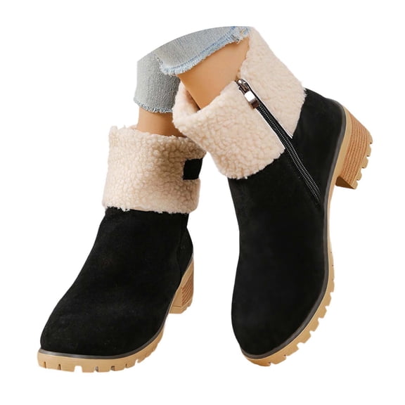YAYUBA Winter Boots for Women, Comfortable Side Zipper Mid Heel Suede Warm Snow Ankle Boot Outdoor Party Shoes Size 7.5 Black