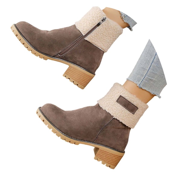 YAYUBA Winter Boots for Women, Comfortable Side Zipper Mid Heel Suede Warm Snow Ankle Boot Outdoor Party Shoes Size 7.5 Grey