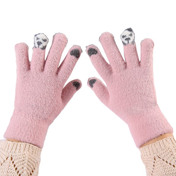 YAYUBA Winter Gloves,Cute Panda Winter Knitted Touchscreen Gloves Five Finger Thermal Mittens Windproof Cold Weather for Outdoor Activities,Pink