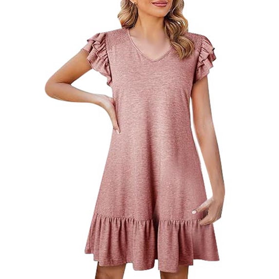 YAYUBA Women Dress V Neck Peplum Sleeve Loose Waist Short Sleeve Dress Summer Vacation Sun Dress