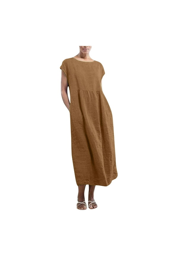 Women Dresses Women's Casual Solid Cotton And Hemp Fashion Pocket O-neck Dress A Line Flowy Dresses