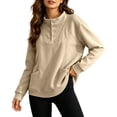 thumbnail image 1 of YAYUBA Women Fall Henley Snap Button Stand Collar Sweatshirt Long Sleeve Pocket Loose Oversized Casual Pullover Tops Size L, Beige, 1 of 4