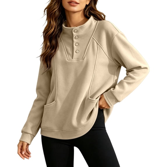 YAYUBA Women Fall Henley Snap Button Stand Collar Sweatshirt Long Sleeve Pocket Loose Oversized Casual Pullover Tops Size XXL, Beige