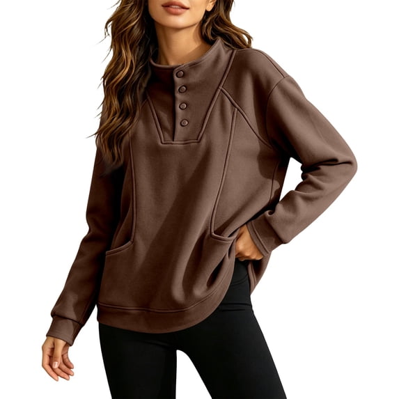 YAYUBA Women Fall Henley Snap Button Stand Collar Sweatshirt Long Sleeve Pocket Loose Oversized Casual Pullover Tops Size XXL, Coffee