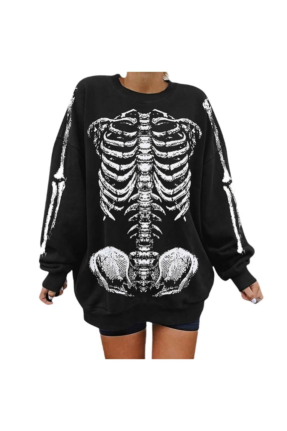 Women Gothic Skeleton Sweatshirt Punk Oversized Skull Graphic Sweater Y2K Halloween Long Sleeve Hoodies Pullover Halloween Gifts , XL, Black
