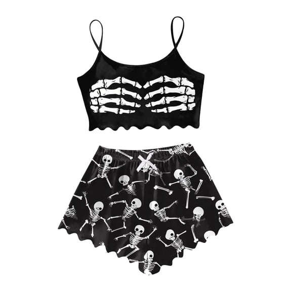 YAYUBA Women Halloween Piece Pajama Set, Scallop Hem Cami Crop Top and Elastic Waist Sleep Shorts Loungewear Halloween Gifts , M, Black4