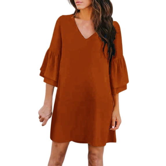 YAYUBA Women'S Dresses Women Fashion Loose Casual Solid Color V Neck Five Quarter Sleeve Flared Sleeve Dress Tropical Dresses for Women