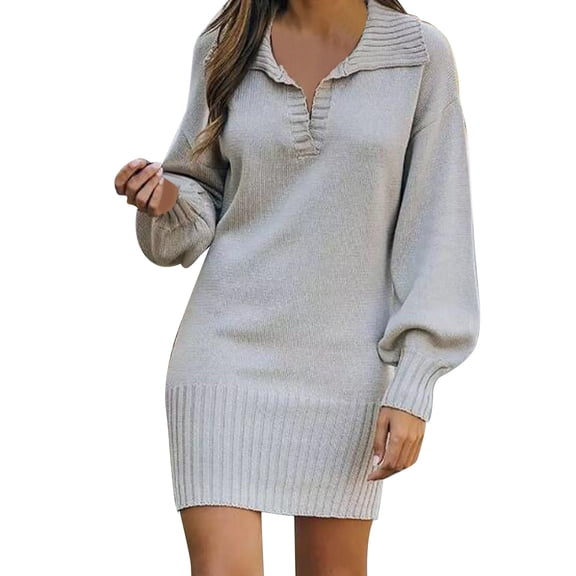 YAYUBA Women Sweater Dress (Grey,S) ,Women's Fashionable Knitted Wool Sweater Dress Long Sleeve Solid Medium Length Casual Wear