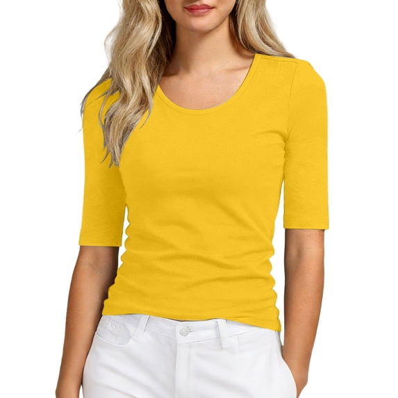 YAYUBA Women's 1/2 Sleeve Tops Half Length Sleeve Cotton Crewneck T Shirts Slim Fit Casual Elbow Summer Basic Tees