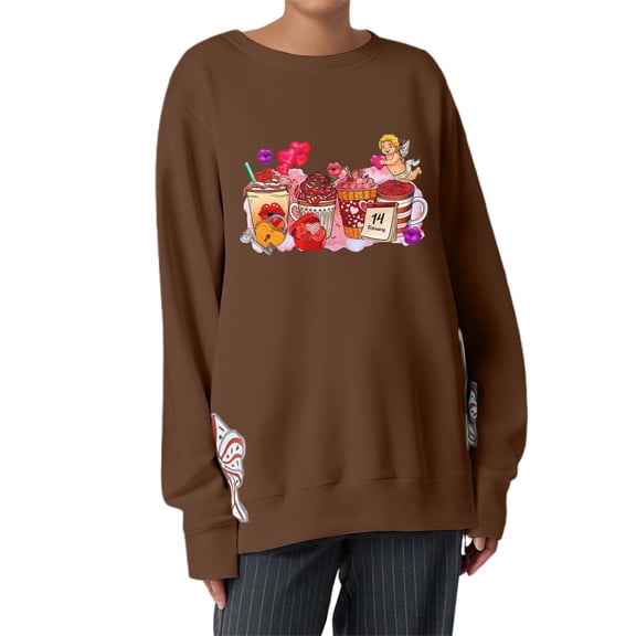 YAYUBA Women's Long Sleeve Shirts Valentine's Day Novelty and Funny Design Hooded Pullover Sweatshirt Round Neck Long Sleeve Loose Outwear Coat