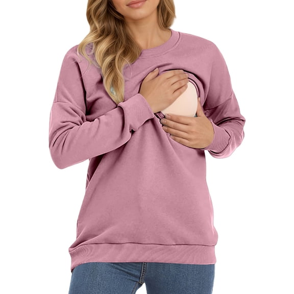 YAYUBA Women's Nursing Tops Cotton Sweatshirt Long Sleeve Zipper Breastfeeding Shirts Casual Round Neck Pregnancy Tunics Tee,S