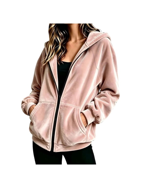 Women's Velour Hooded Jacket Long Sleeve Full Zip Outerwear Soft Warm Velvet Jacket with Side Pockets Size XL, RD1