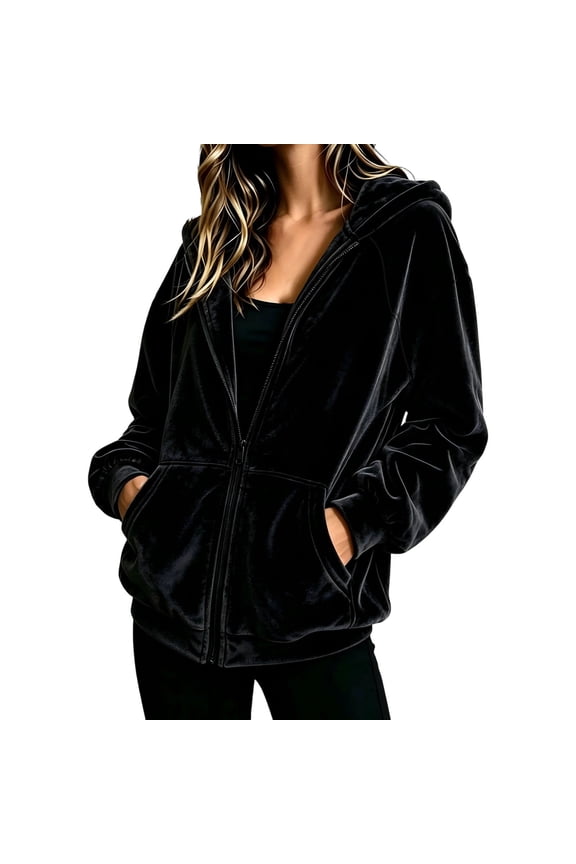 Women's Velour Hooded Jacket Long Sleeve Full Zip Outerwear Soft Warm Velvet Jacket with Side Pockets Size XXL, Black