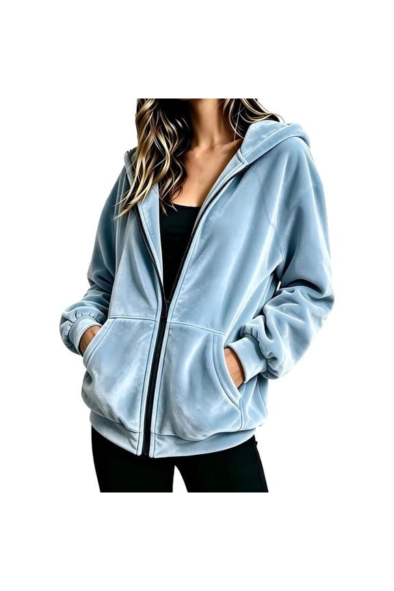 Women's Velour Hooded Jacket Long Sleeve Full Zip Outerwear Soft Warm Velvet Jacket with Side Pockets Size XXL, Blue