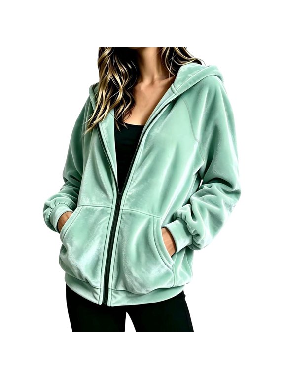 Women's Velour Hooded Jacket Long Sleeve Full Zip Outerwear Soft Warm Velvet Jacket with Side Pockets Size XXL, Green