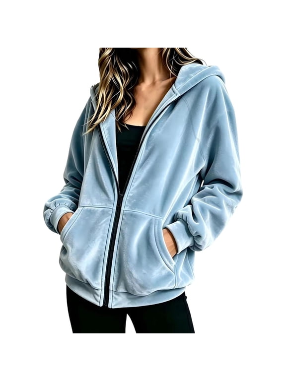 Women's Velour Hooded Jacket Long Sleeve Full Zip Outerwear Soft Warm Velvet Jacket with Side Pockets Size XXXL, Blue
