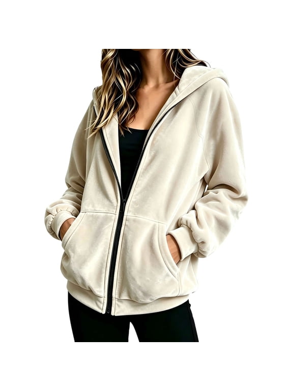 Women's Velour Hooded Jacket Long Sleeve Full Zip Outerwear Soft Warm Velvet Jacket with Side Pockets Size XXXL, Khaki