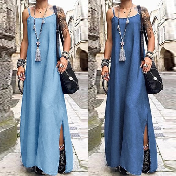 YAYUBA Womens Casual Strappy Sleeveless Backless Flowy Pockets Loose Long Maxi Beach Dress Sundress Navy L