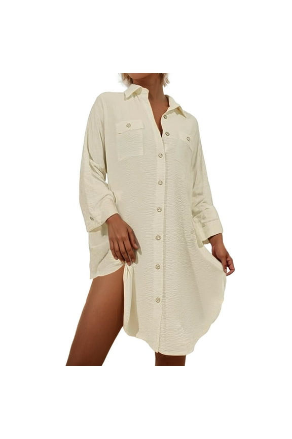 Womens Dress Womens Modern Cover Up Blouse Button Down Shirt Dresses Tops Beach Maxi Dress