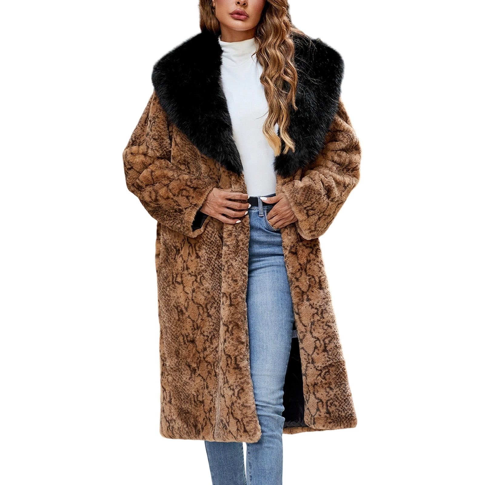 YAYUBA Womens Snake Print Long Coat Winter Oversized Lapel Vintage