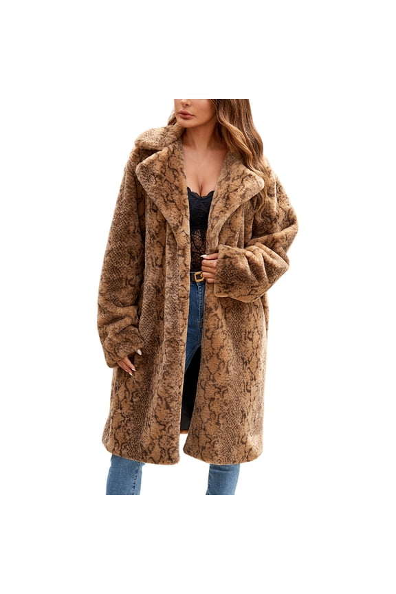 Womens Snake Print Long Coat Winter Oversized Lapel Vintage Style Warm Outerwear Lapel Jackets Warm Fuzzy Outerwear