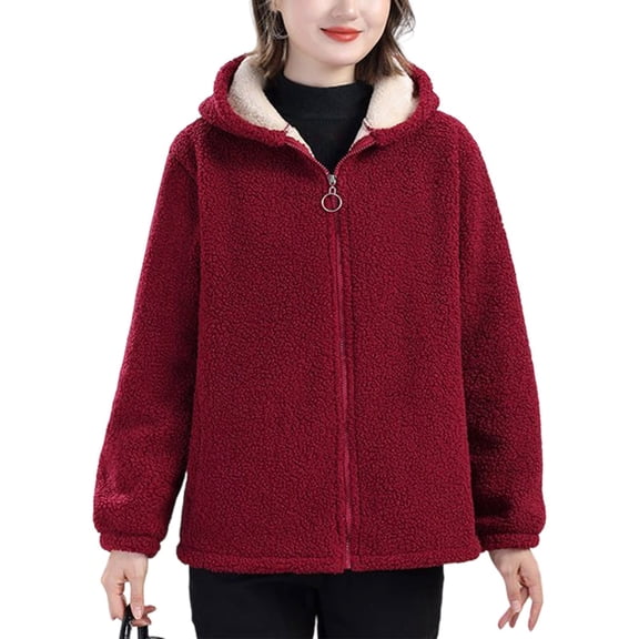 YAYUBA Womens Fuzzy Sherpa Fleece Jacket Zip Up Oversized Winter Warm Sweatshirt Hoodies Fluffy Jacket Coat,Red,XXXL