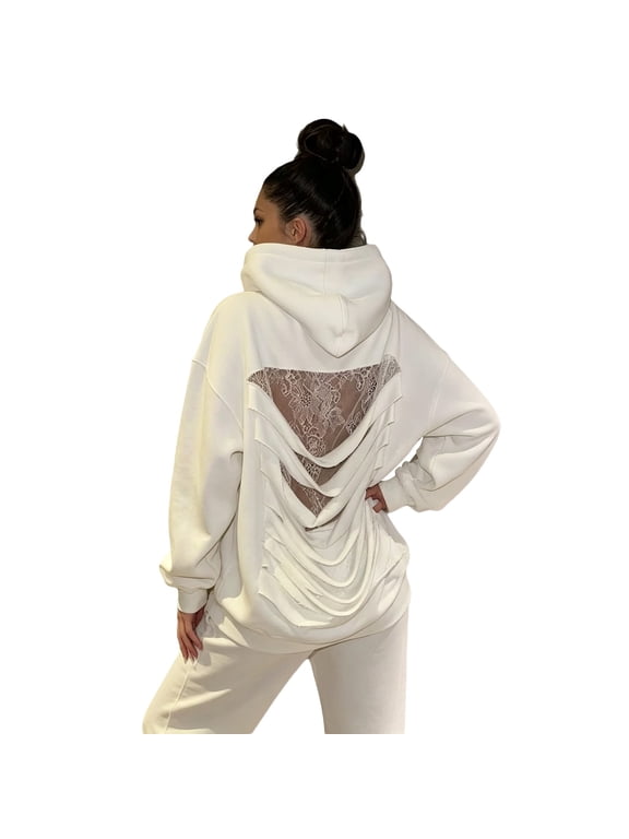 Womens Hoodies See Through Fishnet Y2K Hoodie Backless Grunge Clothes Sequin Oversized Hoodies with Pockets Size XS, White