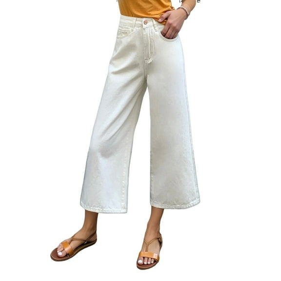 YAYUBA Womens Jeans Petite High Waisted Strechy Straight Leg Casual Long Denim Pants Bottoms with Multiple Pockets,White,XL