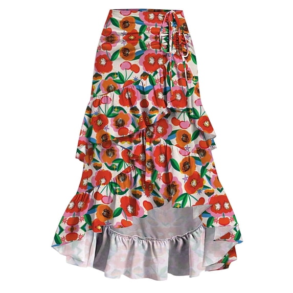 YAYUBA Womens Layered Ruffle Skirt High Low Asymmetrical Hem Midi Skirt Drawstring Waist A Line Flowy Halloween Skirt, Multicolour