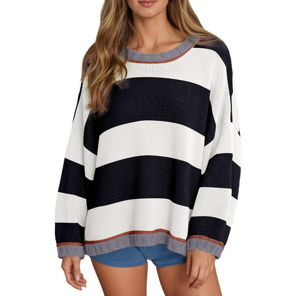 YAYUBA Womens Oversized Striped Sweater Neck Knit Lantern Long Sleeve Fall Trendy Tunic Sweaters Top,S