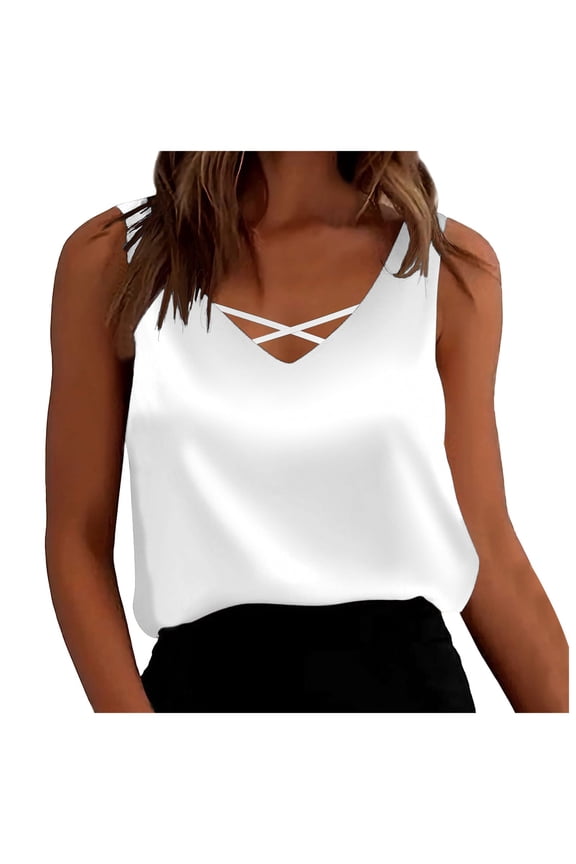 Womens Silk Satin Tank Tops V Neck Casual Cami Sleeveless Camisole Blouses Summer Basic Tank Shirt, White, S