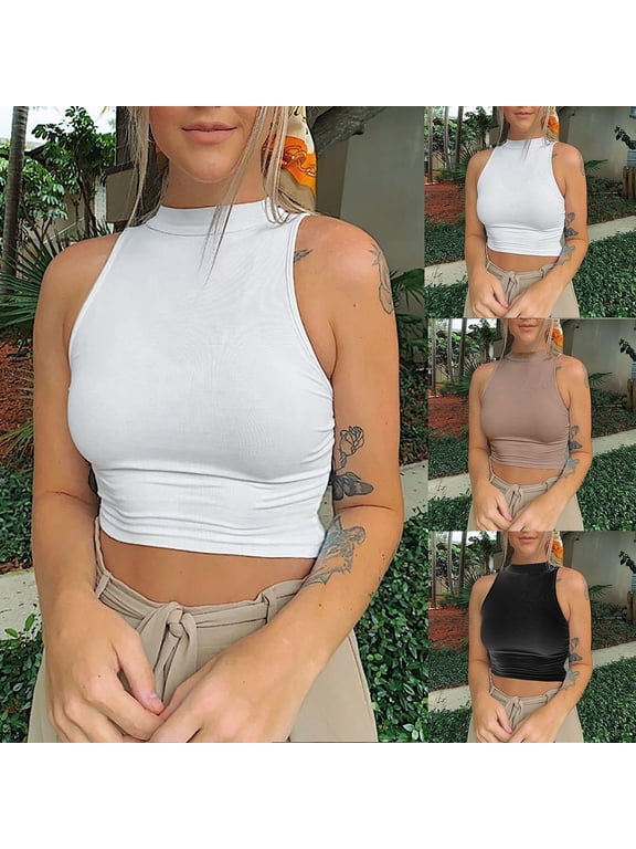 Womens Summer Tops Women's Slim Short Sleeveless T Shirt Yoga Sports Navelless Half High Neck Vest Ribbed Knit Shirt Casual Going Out Top