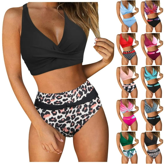 YAYUBA Womens Two Piece Swimsuits Wrap Front Bikini High Waisted Bottom Tummy Control Bathing Suits Vintage Print Swimwear