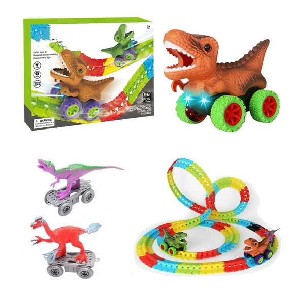 YAYUBA World Dinosaur Adventure Set - 103-Piece- Train Set & Accessories - Railway Sets - 96 track pieces, 1 dinosaur car, 2 small trailers, 4 hooks - Ages 3+,Mint Green