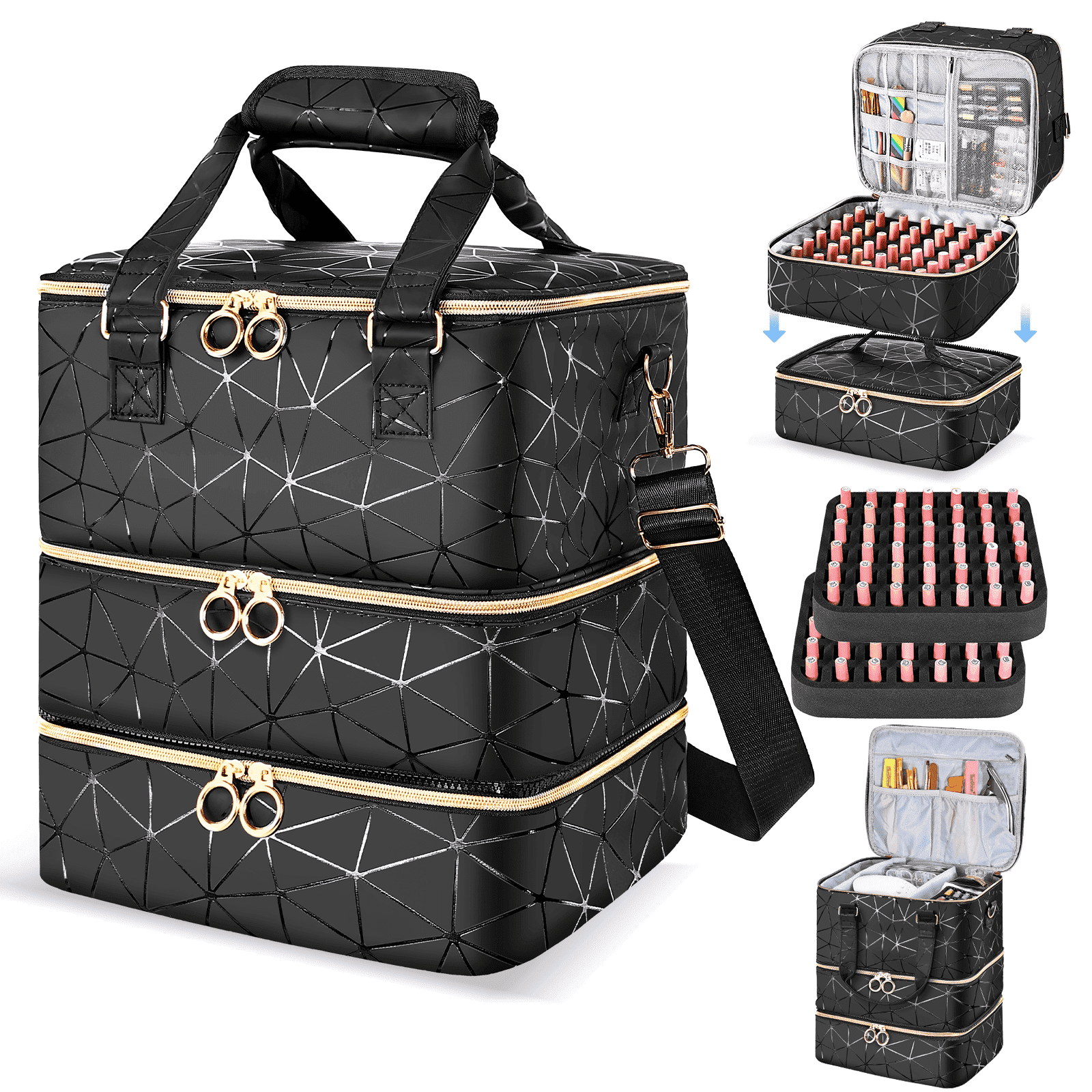 YAYUFN Nail Bag Organizer Case Holds 84 Bottles(15ml/0.5fl.oz) ,3 Layers PU Leather Nail Supplies Storage Organizer Bag,Large Shoulder Strap Nail Polish Holder Travel Carrying Case,Black