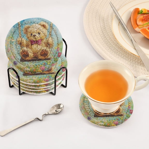 YAZAOO 6Pcs Drink Coasters With Holder 3.94Inch Brown Bear on Swing Painting Creative Coil Coaster Coasters Colors Absorbent Coasters for Drinks Coasters Set Thicken Heat for Home Table
