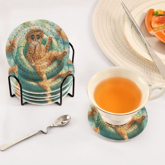 YAZAOO 6Pcs Drink Coasters With Holder 3.94Inch Cats Relaxing in The Water Creative Coil Coaster Coasters Colors Absorbent Coasters for Drinks Coasters Set Thicken Heat for Home Table