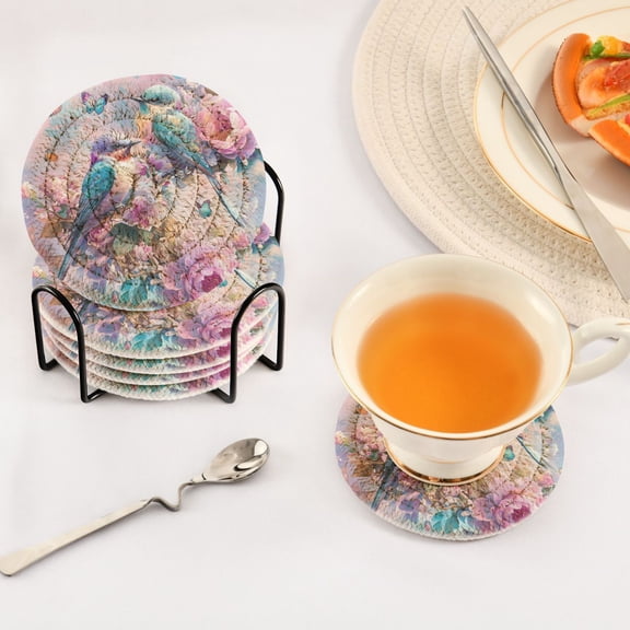 YAZAOO 6Pcs Drink Coasters With Holder 3.94Inch Cute Birds and Flowers Artwork Creative Coil Coaster Coasters Colors Absorbent Coasters for Drinks Coasters Set Thicken Heat for Home Table