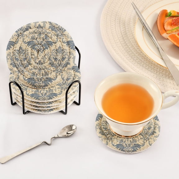YAZAOO 6Pcs Drink Coasters With Holder 3.94Inch Elegant Blue Damask Pattern Creative Coil Coaster Coasters Colors Absorbent Coasters for Drinks Coasters Set Thicken Heat for Home Table