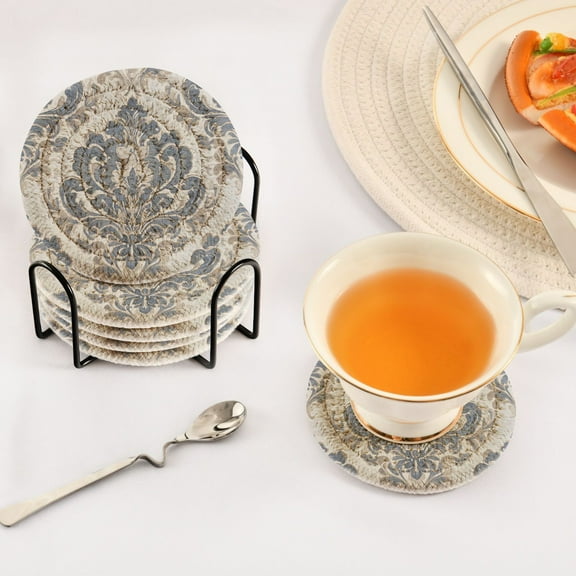YAZAOO 6Pcs Drink Coasters With Holder 3.94Inch Elegant Blue Floral Damask Creative Coil Coaster Coasters Colors Absorbent Coasters for Drinks Coasters Set Thicken Heat for Home Table