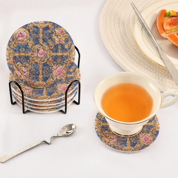 YAZAOO 6Pcs Drink Coasters With Holder 3.94Inch Floral Baroque Creative Coil Coaster Coasters Colors Absorbent Coasters for Drinks Coasters Set Thicken Heat for Home Table
